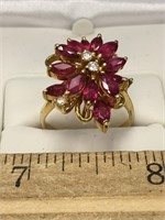 14K yellow gold ladies ring, with 14 natural rubie