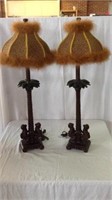 32" pair of monkey lamps with fur shades