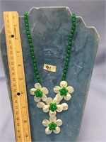 Green bead and mother of pearl floral necklace  (g