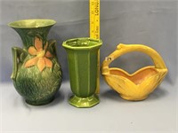 Lot of three vases one is marked Roseville