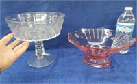 antique compote & pink bowl (tiny chip on base)