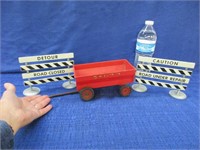 2 old tin toy road work signs & plastic farm wagon