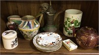 Shelf lot of vintage china and a brass teapot,
