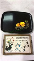 Two vintage serving trays, one cat comic and one
