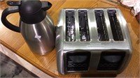 Stainless steel carafe and a Faberware toaster,