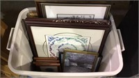 Tub lot of 12 framed pieces of art , one