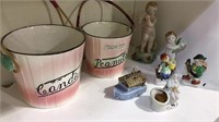 Vintage candy and peanut buckets, small porcelain