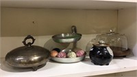 Top shelf lot, stone eggs, silver plate divided