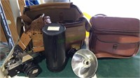 Shelf lot of camera,s and lenses , two travel
