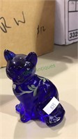 Cobalt blue Fenton cat handpainted and signed by