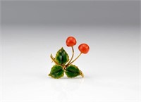 18k yellow gold, coral, and enamel brooch