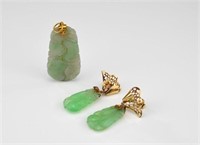Pair of jadeite drop earrings and jadeite pendant