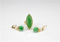 Jadeite and gold ring and earrings