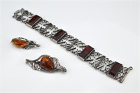 Amber and silver bracelet and two brooch/pins
