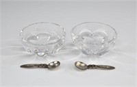 Pr of Orrefors glass salts w/ Jensen silver spoons