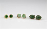 Three pairs of gold and jade stud earrings