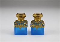 Pair of 19th C European blue opaline scent bottles