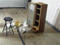 STOOL, LIGHTS, OAK CABINET, SHOWER CURTAINS, ETC