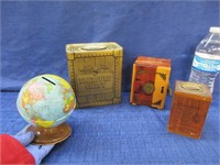 4 collectible coin banks (globe-tin-wooden)