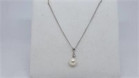 14K White Gold Chain with Pearl & Diamond