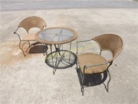 ROUND GLASS TOP METAL & WICKER TABLE & CHAIRS SET