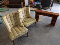 2 GOLD UPHOLSTERED CHAIRS & 1 WOODEN SHELF