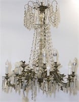 8 light brass and crystal chandelier.