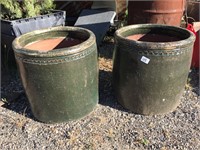Pair of Large Rustic Green Pots