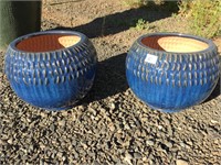 Two Medium Small Blue Pots with Texture