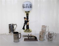 Vintage Drunken Man Bar Lamp, Gun Lighter & Stein