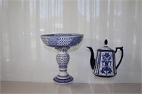 TALL Bombay Pedestal Blue White Compote & Teapot