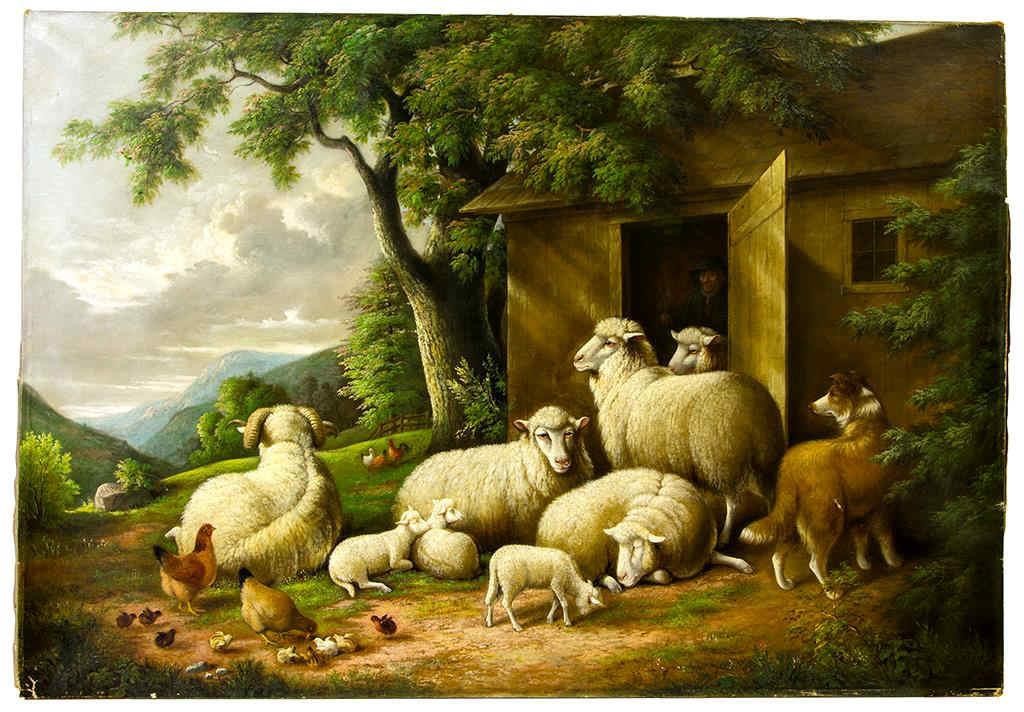 Susan Catherine Moore Waters (American, 1823-1900) oil on canvas barnyard scene (c. 1870), on likely original stretchers bearing New York merchant's label, 36" x 52"