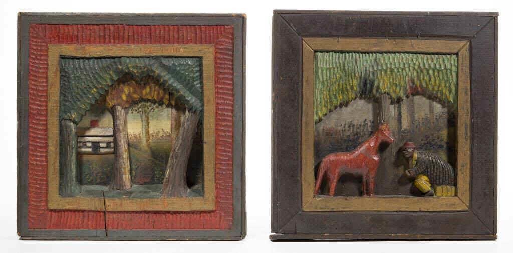 Southern folk art carved and painted pine plaques (c.1920), thought to be of Kentucky origin, 12" SQ (larger example)