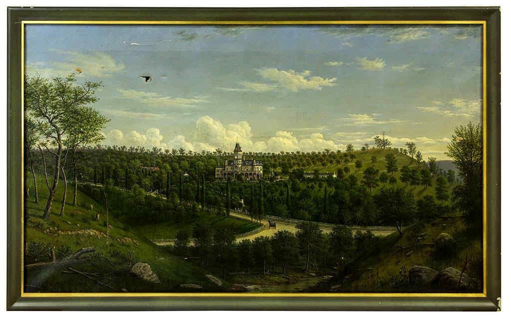 American School (19th century) oil on canvas landscape painting (c.1875) featuring an elaborate home and estate, on original stretchers, canvas bearing a stenciled mark for a Pittsburgh, PA artist's supply merchant, 28 1/2" x 48 ½" sight, 32" x 52" OA