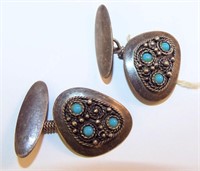 Pair Of Sterling Silver & Turquoise Cuff Links