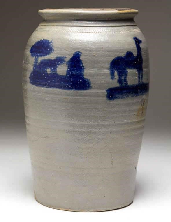 Rare Thompson family, Morgantown Pottery, Morgantown, WV cobalt-decorated two-gallon stoneware jar, bearing unique decoration and unrecorded marks