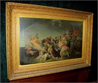 24"x 40" Oil on canvas allegorical scene with gold