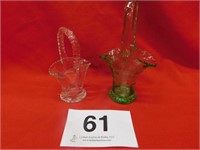Two glass baskets - 7.5" green w/wheel cut flower