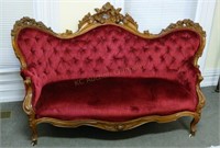 Burgundy Velvet Victorian Sofa. Carved Bird Nest