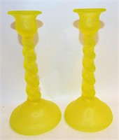 Pair Of Yellow Satin Glass Candle Holders, Tiffin
