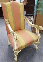 HEAVY FRENCH WOOD AND FABRIC ARM CHAIR