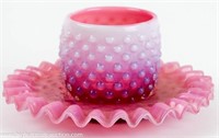 Cranberry Opalescent Hobnail Glass & Plate