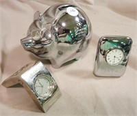 Metal Piggy Bank & Clocks