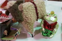 Stuffed lamb & Frog ornament 6" tall