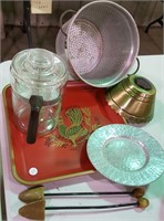 Glass coffee pot, strainer, tray, aluminum plate