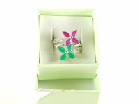 RUBY AND EMERALD STERLING SILVER FLORAL RING