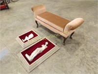 VINTAGE PARLOR BENCH & 2 - 3D FRAMED STATUES