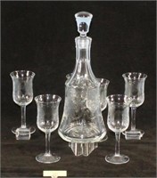 Etched Decanter Set W/Six Matching Stems
