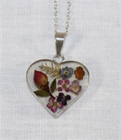 Sterling Necklace W/Dried Flowers Pendant