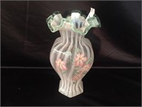 Fenton Ruffled Handpainted Vase, Signed - 10" T